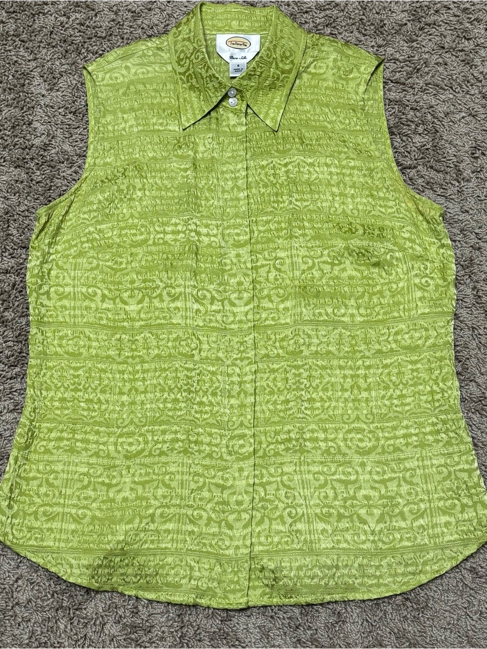 Talbots Sleeveless Green Textured Button-Front Top 100% silk women’s 8 chic EUC